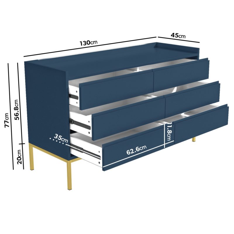 Navy Wide Chest of 6 Drawers with Gold Leg's - Image 2