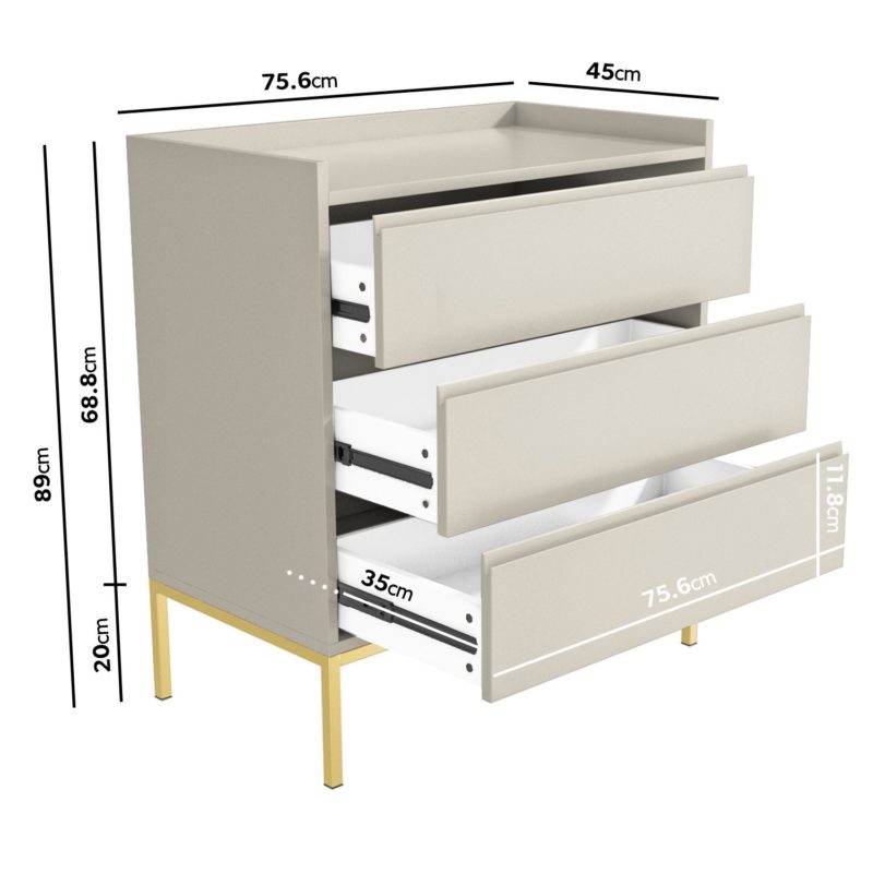 Modern Beige Chest of 3 Drawers with Gold Legs - Image 4