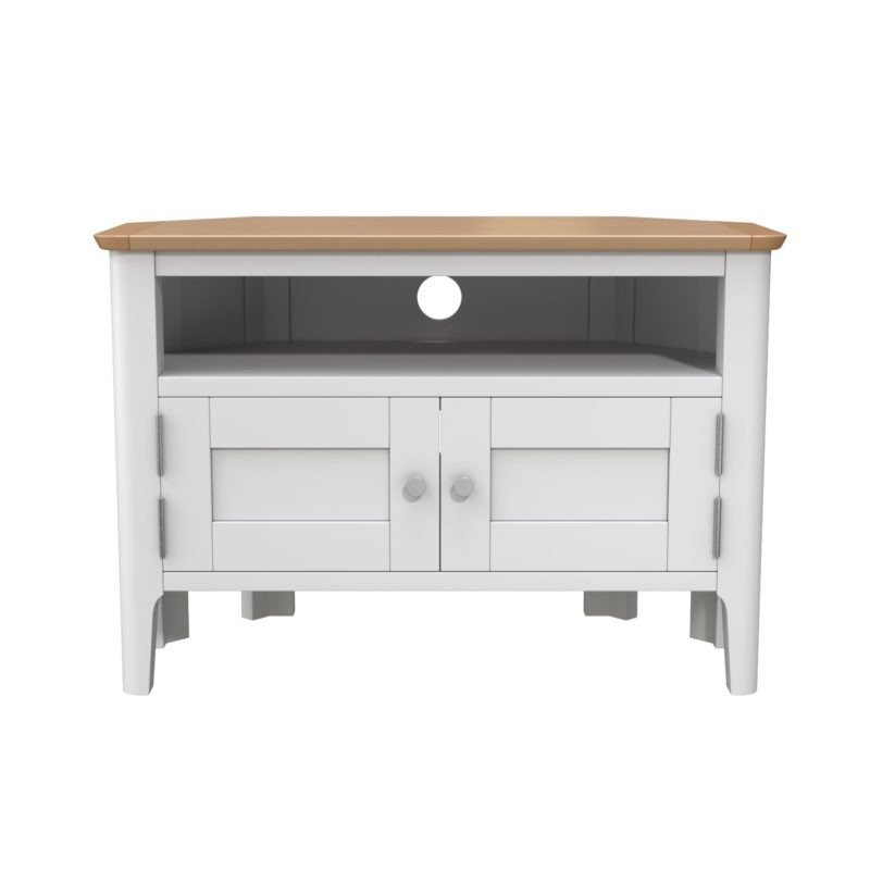 Corner TV Unit in White & Solid Oak with Storage - Image 3