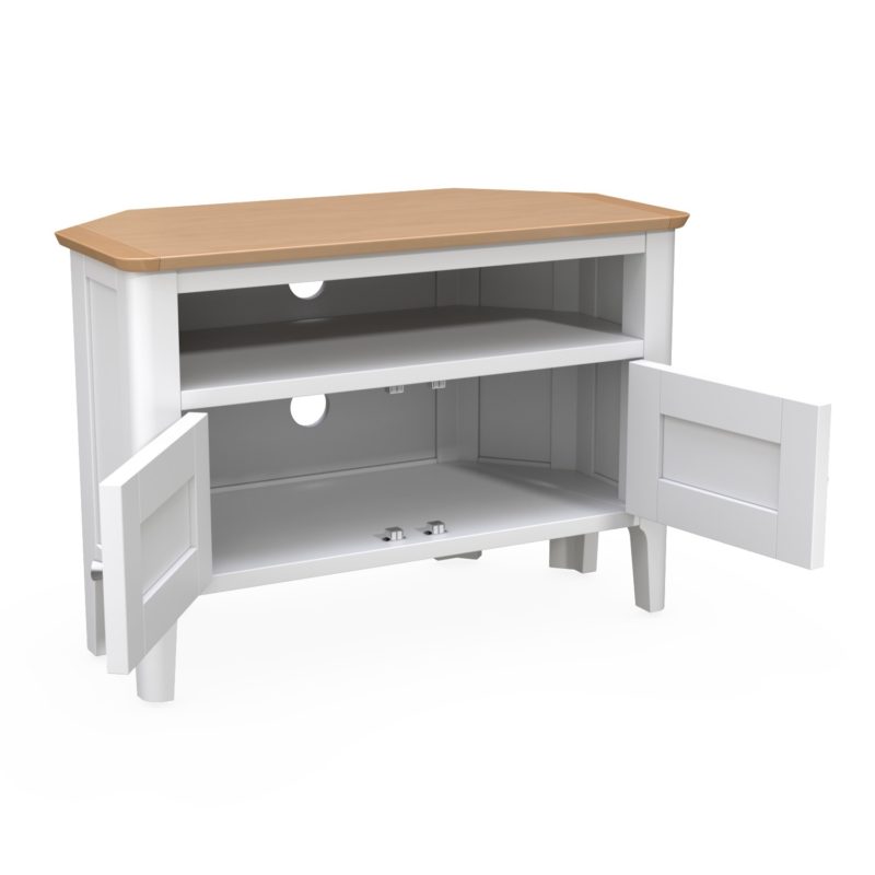 Corner TV Unit in White & Solid Oak with Storage - Image 5