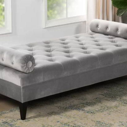 Velvet Blue Tufted Sofa Bed with Bolster Pillows - Image 3