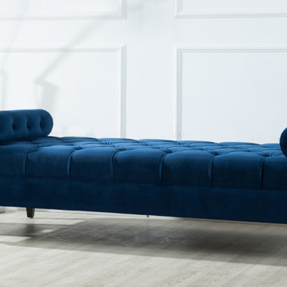 Velvet Blue Tufted Sofa Bed with Bolster Pillows - Image 2