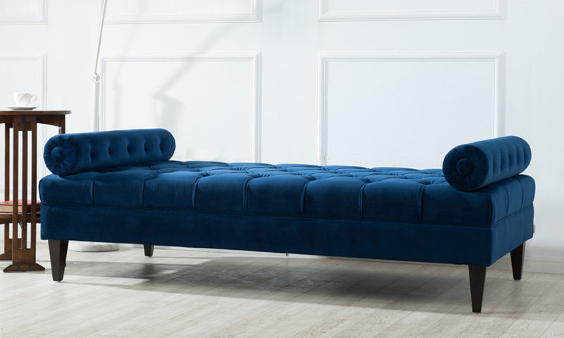 Velvet Blue Tufted Sofa Bed with Bolster Pillows - Image 2